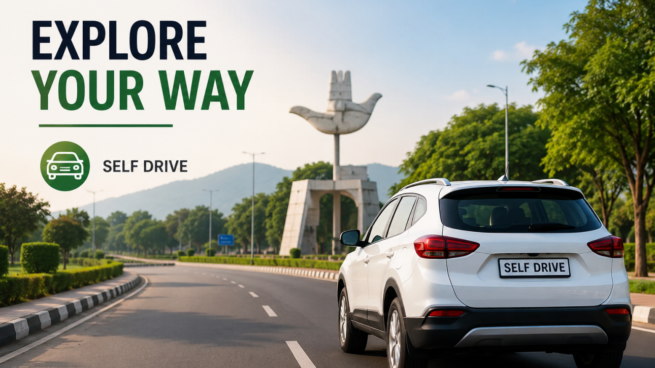 Traveler driving a self-drive rental car in Chandigarh with scenic roads and modern city surroundings