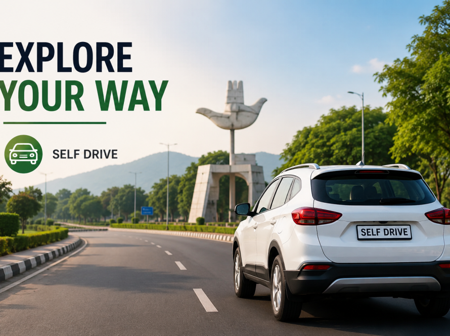 Traveler driving a self-drive rental car in Chandigarh with scenic roads and modern city surroundings