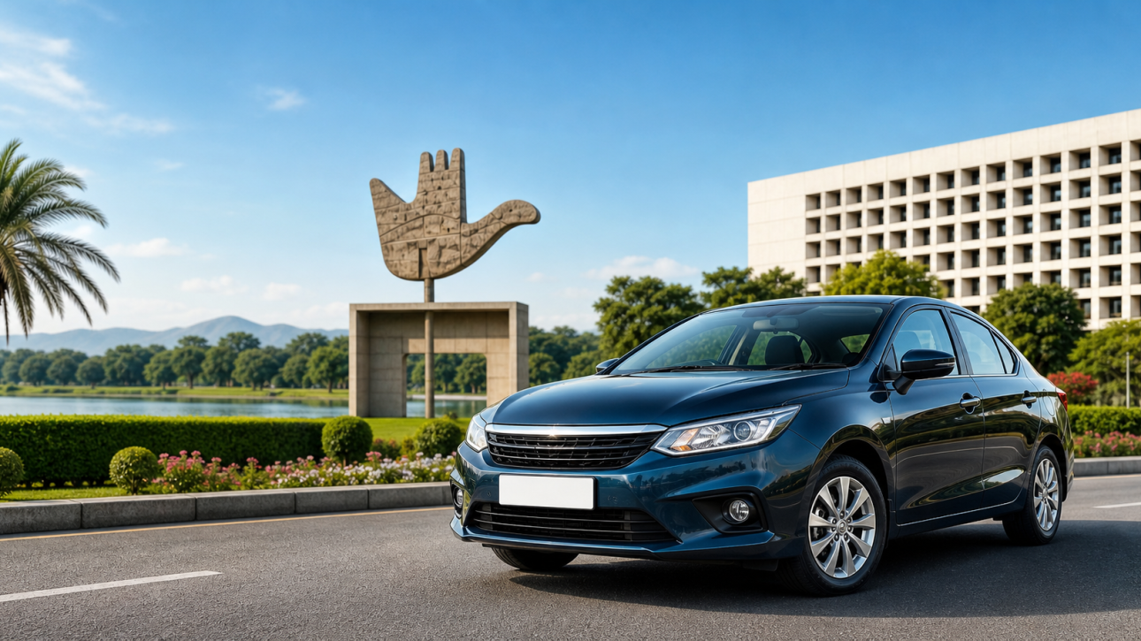 Modern sedan car parked on a clean road in Chandigarh with greenery and cityscape in the background, ideal for self drive car rental services.