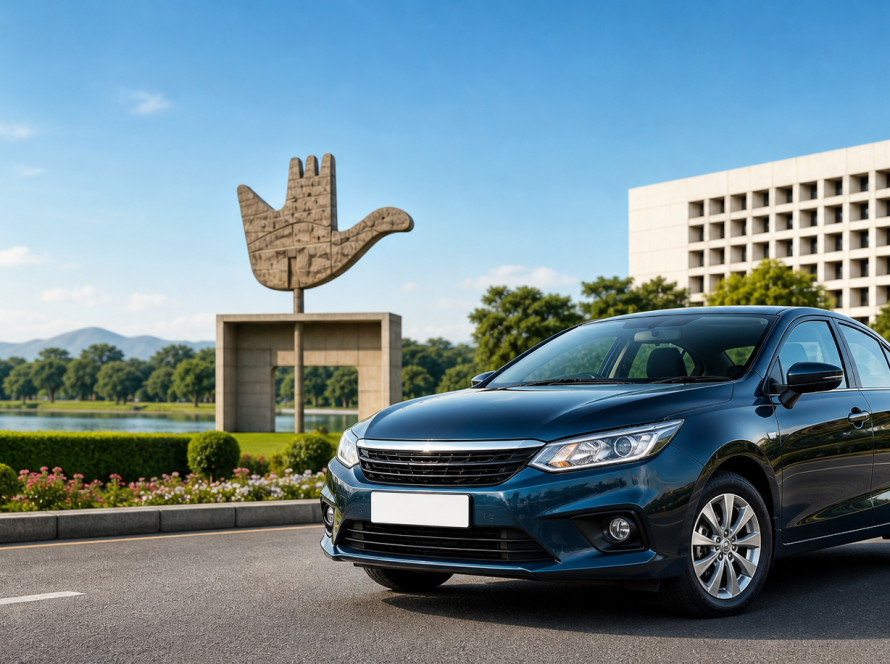 Modern sedan car parked on a clean road in Chandigarh with greenery and cityscape in the background, ideal for self drive car rental services.