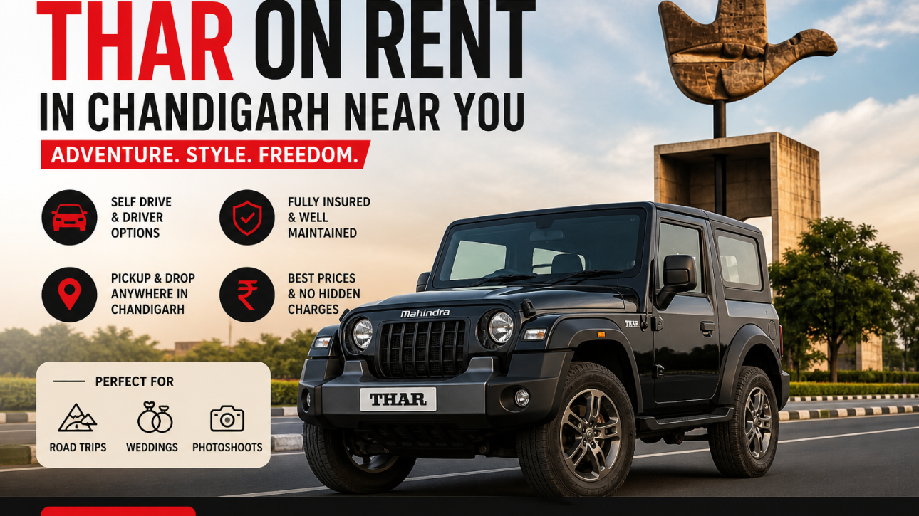 Mahindra Thar on rent in Chandigarh near Open Hand Monument with self drive rental options for road trips and daily use