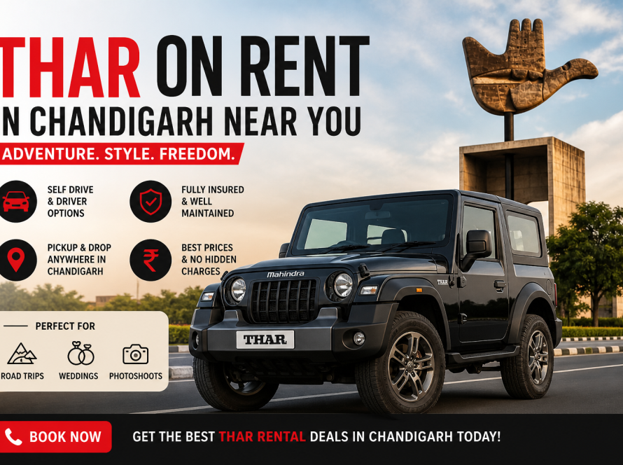 Mahindra Thar on rent in Chandigarh near Open Hand Monument with self drive rental options for road trips and daily use