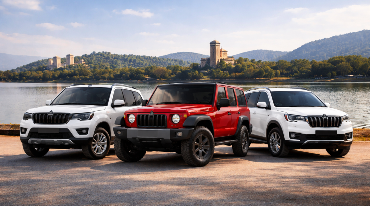 Mahindra Scorpio, Thar and XUV700 self drive cars parked near Sukhna Lake in Chandigarh with scenic lake and hills background