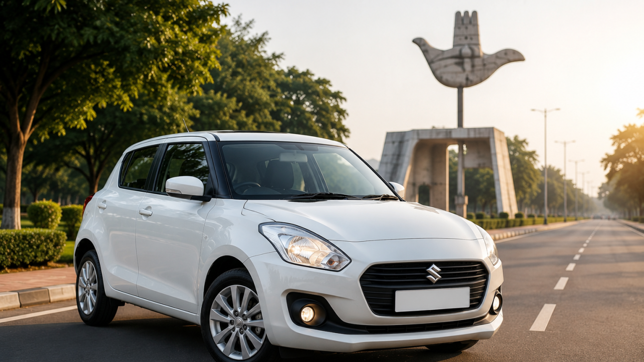 White Swift self drive car on a modern Chandigarh road representing comfortable and flexible car rental services