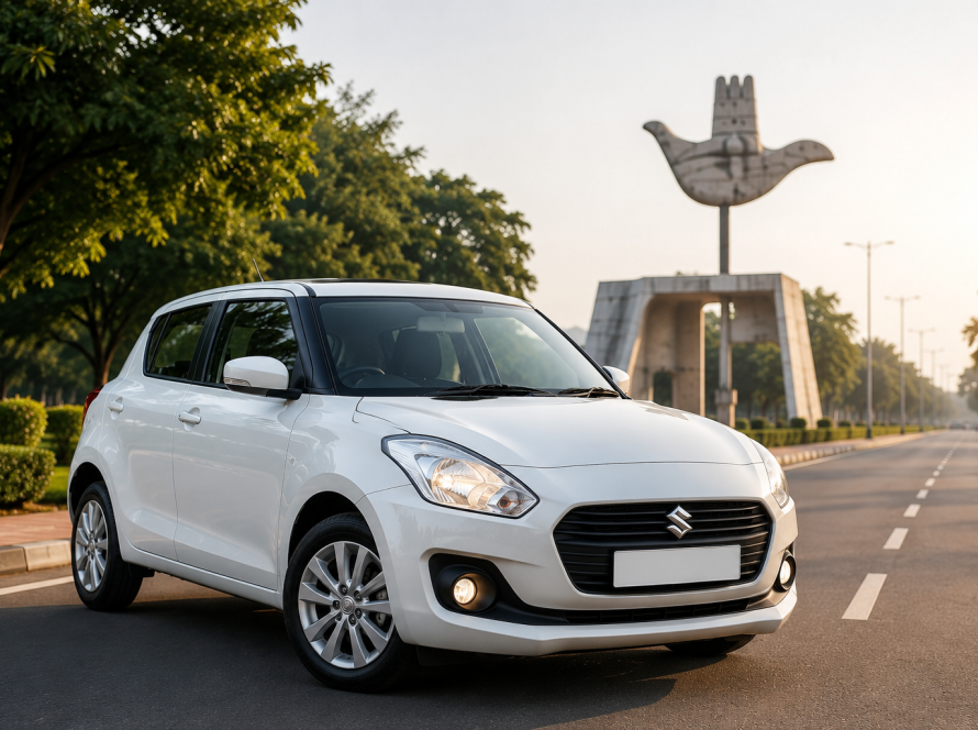 White Swift self drive car on a modern Chandigarh road representing comfortable and flexible car rental services